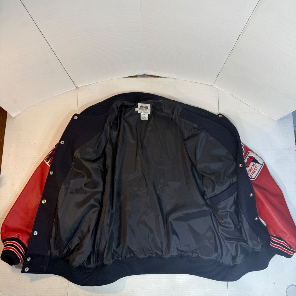 Letterman Jacket 3XL Leather wool Varsity Y2K Patch authentic red blue Wrestling - Picture 9 of 16